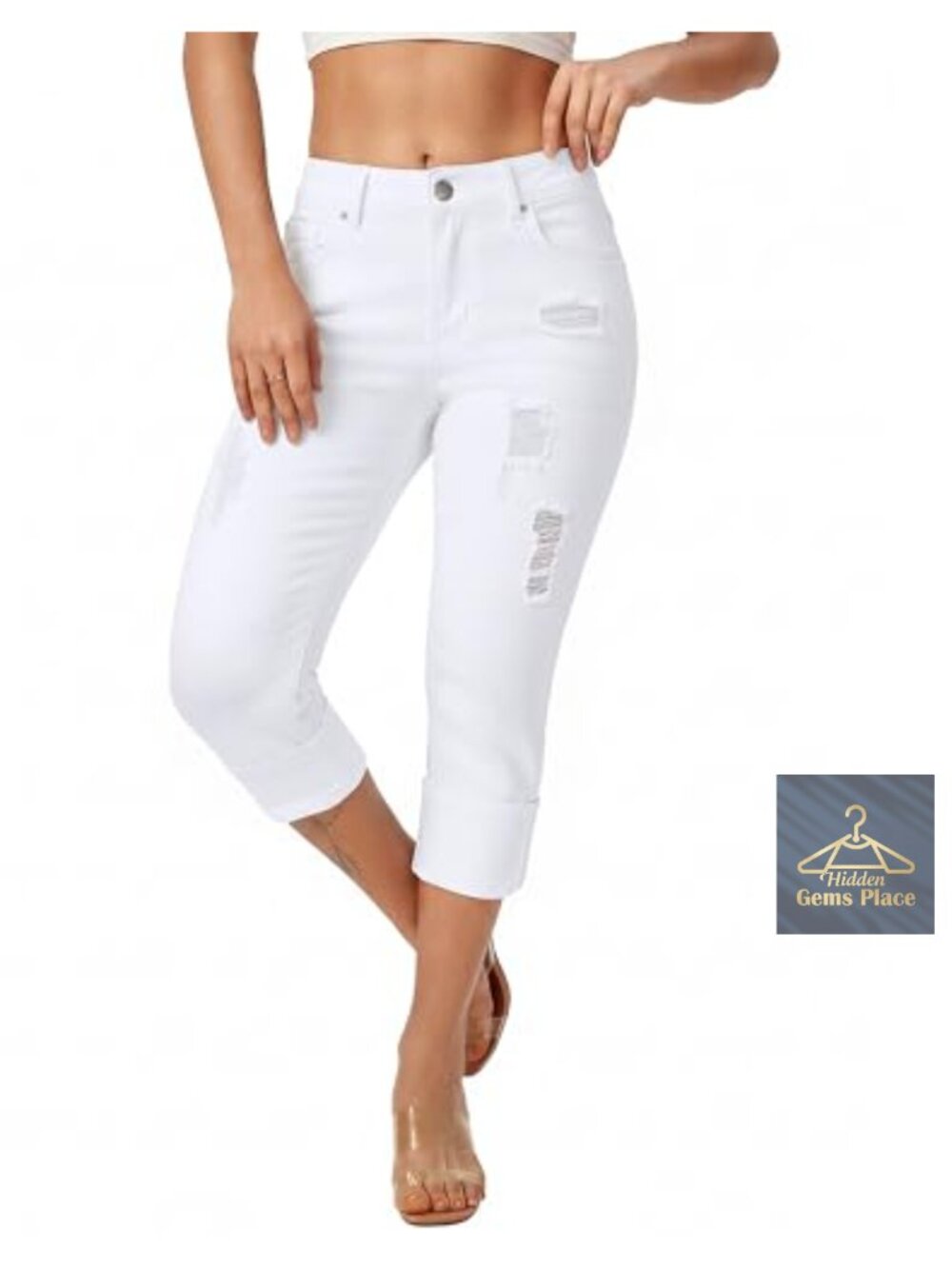 Stretch Capri Jeans Distressed Slim Fit Cuffed Denim Pants